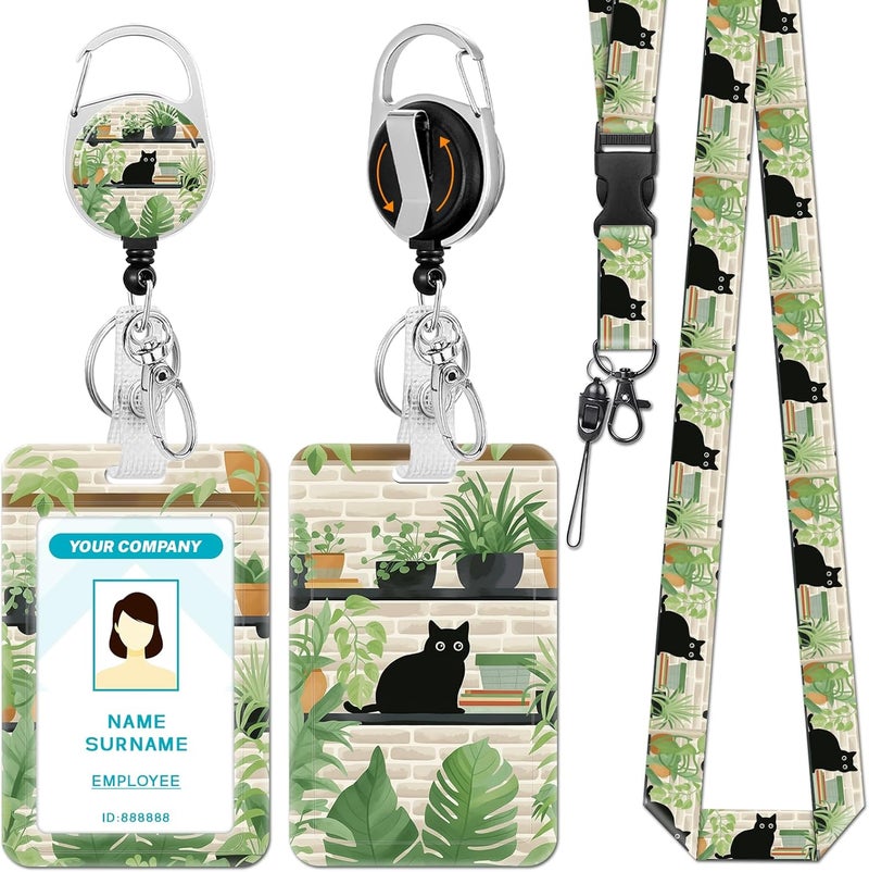 Hancynir Lanyards for Id Badges, Black Cat Leaves Badge Holder with Retractable Reel Clip, Cute Work Name Tags Keychain Lanyard ID Card Protector Cover Case for Women Teacher Nurse Doctor Office - Image 1
